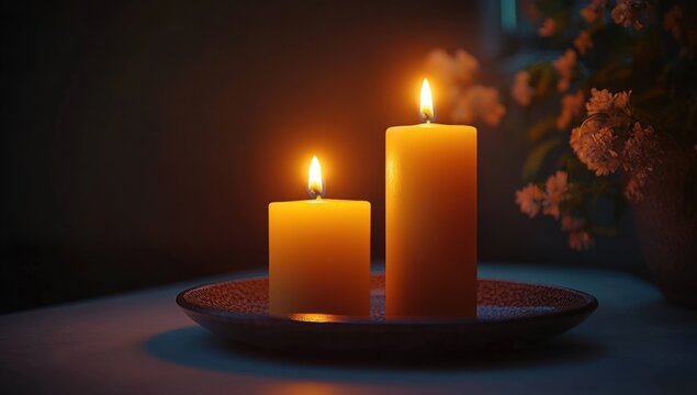 two lit pillar candles on a shallow tray beside a vase of small flowers, warm golden glow and soft shadows creating a calm cozy evening atmosphere