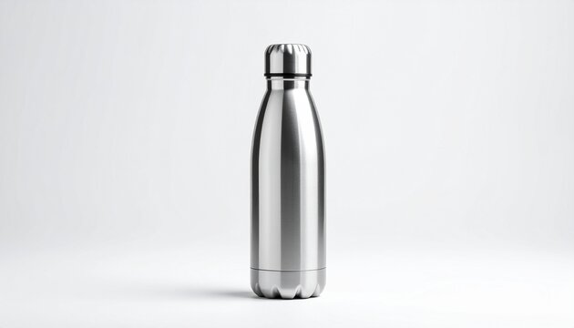 An elegant, stainless steel water bottle against a neutral background. The bottle's sleek design and handle, highlighted by the subtle lighting, showcasing its practicality and aesthetic appeal