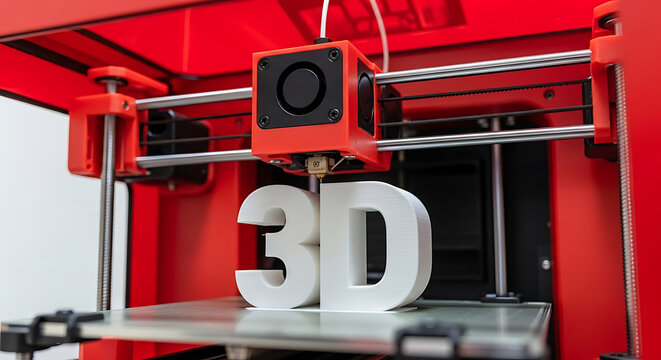 Red 3 D printer creating white 3 D letters on build plate printing technology
