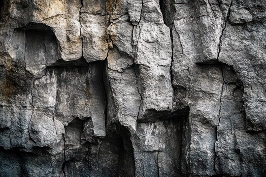 weathered gray limestone cliff face with deep vertical fractures, rough crevices and dramatic shadowed texture conveying a raw ancient mood