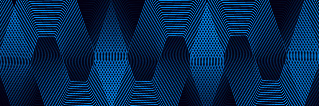 Modern dark blue abstract horizontal banner background with glowing geometric lines.Suitable for covers, brochures, presentations, flyers. vector.