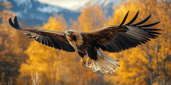 majestic eagle gliding with wings fully spread above golden autumn forest and distant snow-capped mountains, powerful and focused in midair