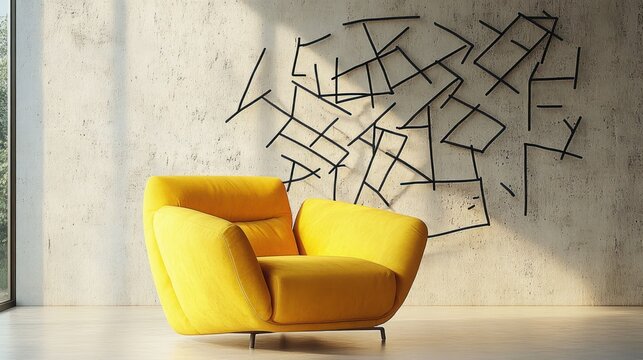 bright yellow plush lounge chair by a sunlit floor-to-ceiling window against a textured concrete wall with black abstract metal wall sculpture, warm inviting mood