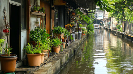 Fototapeta premium Charming waterway adorned with lush plants and cozy homes, showcasing a serene lifestyle along the tranquil canal.