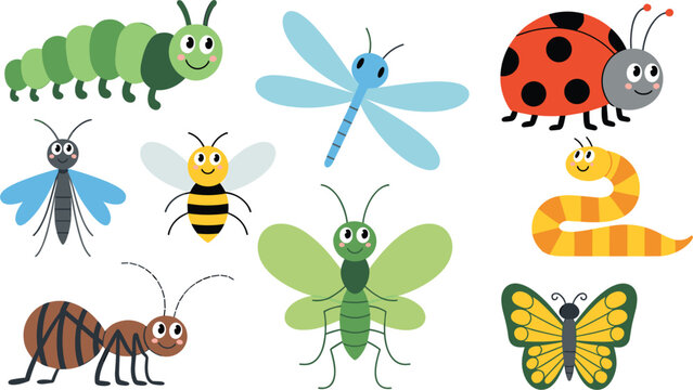 Cute insect cartoon set, colorful bugs vector illustration collection for kids