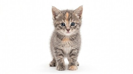 Fototapeta premium A cute little kitten with blue eyes and grey fur stands looking forward on white background