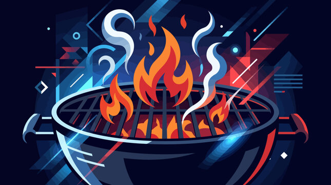 Modern BBQ Grill with Fire and Smoke for 4th of July Celebration Vector