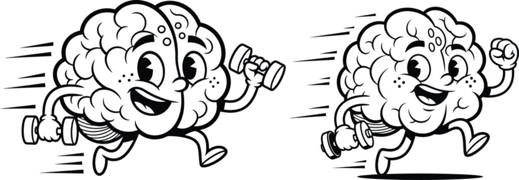 Cartoon brain characters jogging with weights one with motion lines exercise dumbbells thinking intelligence knowledge learning education