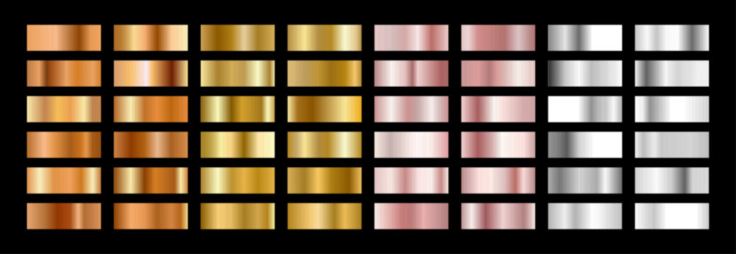Gradient Gold Foil texture. Copper swatch, rose gold and silver Palette. Metallic color strip or radiant background pattern Vector illustration.