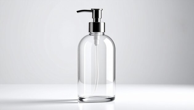 A transparent pump bottle sitting alone 
