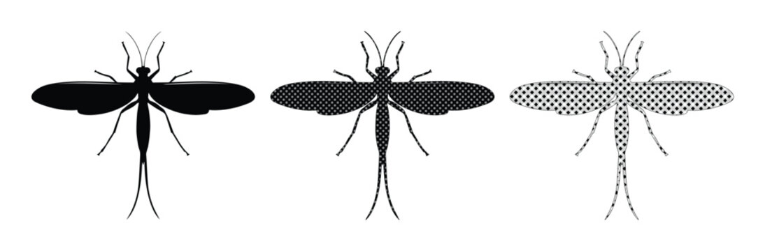 Mayfly insect silhouette set, black fly fishing lure icons, aquatic ephemeroptera bug vector collection for nature and biology design