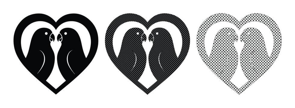 Minimalist lovebird heart icons, romantic parrot silhouettes in heart shape, set of 3 black and white bird vector illustrations for wedding and logo design