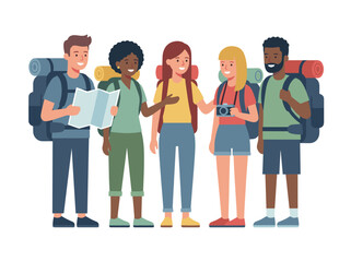 Obraz premium Group of diverse friends ready for a hiking trip with backpacks