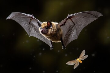 Obraz premium Nocturnal bat with outstretched translucent wings swooping toward a small moth in flight over a dark blurred background, intense and focused