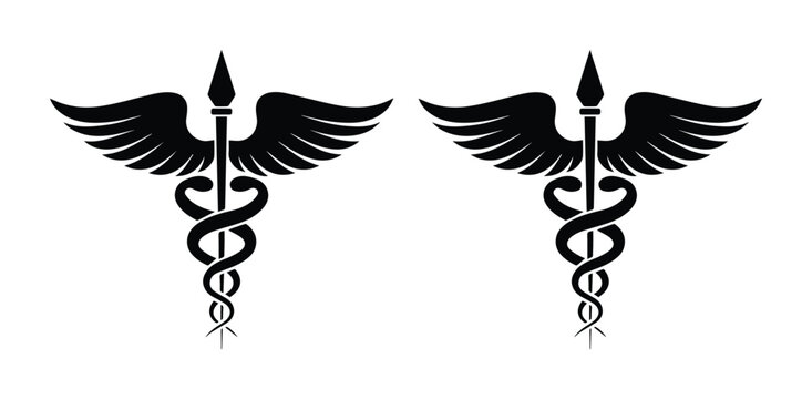 Medical caduceus symbol vector set, black heraldic snake and wings icons, healthcare and pharmacy emblem collection for professional branding