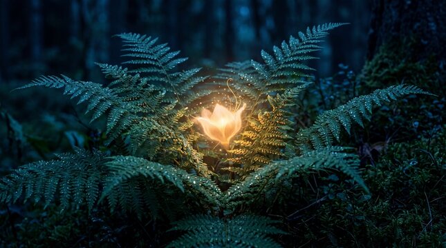 Glowing mythical fern flower blooming in a dark enchanted forest at night.