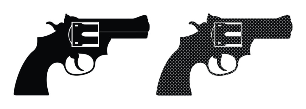Revolver handgun silhouettes in black and halftone patterns, classic snub nose pistol vector icons, 2 firearm elements for security and defense graphics