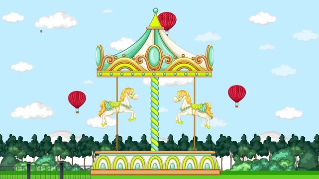 Animated Carousel Spinning in a Sunny Park with Hot Air Balloons