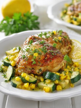 Delicious oven roasted chicken thighs served on a bed of fresh corn and zucchini garnished with lemon and parsley for a healthy gourmet meal. Generative AI