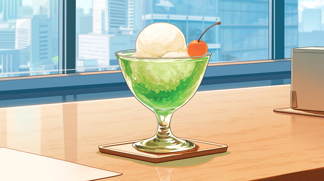 窓辺のテーブルに置かれたクリームソーダとアイスクリームの組み合わせを描いたカフェシーン、都会の風景と飲み物が調和したレトロな雰囲気の高品質イラスト素材