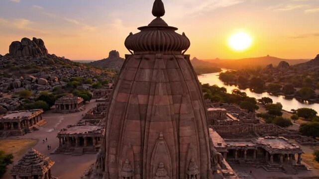 Ancient Hindu Temple shikhara tower at sunset in Hampi India