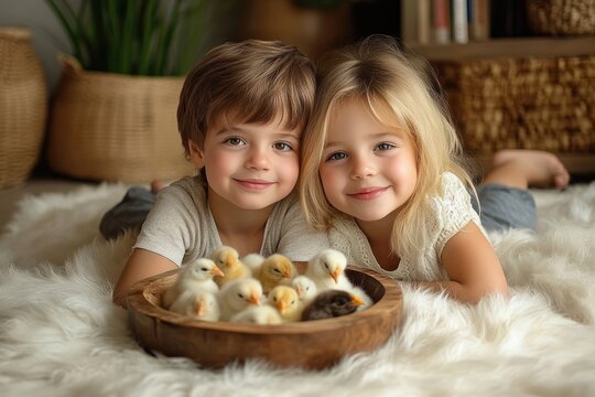 two children lying on a fluffy white rug leaning over a wooden bowl of fluffy yellow chicks in a warm cozy living room, tender curiosity and gentle delight