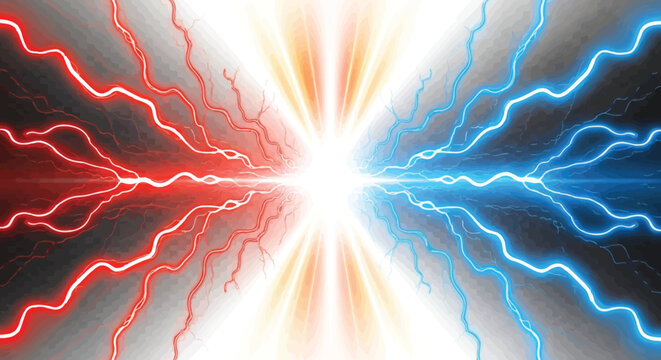 Vibrant red and blue lightning bolts radiating from a central white light source