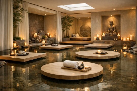 Luxury spa interior with water platforms candles and Buddha statue creating calm relaxation wellness space