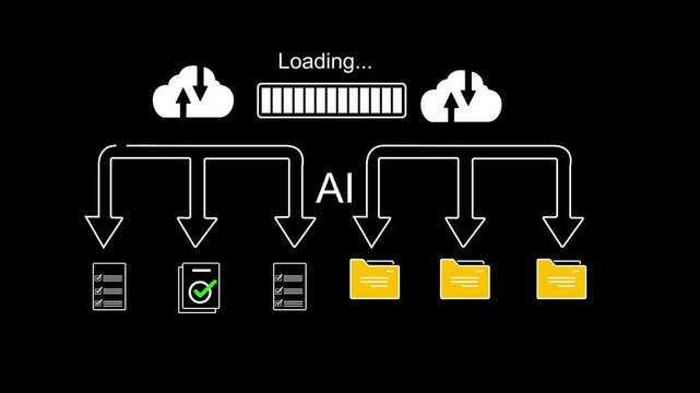 Internet cloud technology concept. Download data exchange. Transfer business folder data system relocation. Man use computer laptop waiting transfer file migration process, loading bar icon on screen.