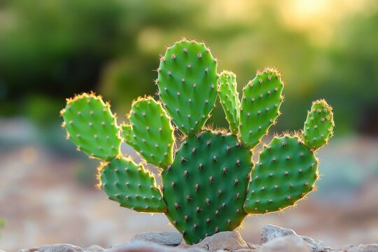 sunlit prickly pear cactus pads resting on rocks with warm golden backlight, serene and resilient desert plant