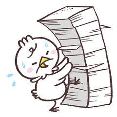 積み上げられた書類に困る白い鳥のイラスト © おひさまストック