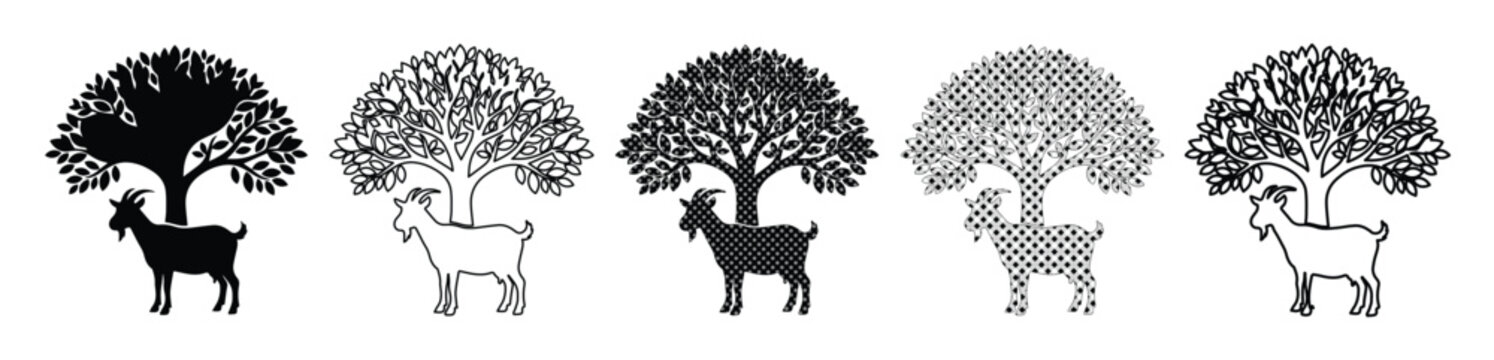 Minimalist goat and tree logo collection, set of 5 monochrome farm animal icons, rustic livestock and oak tree silhouettes for branding