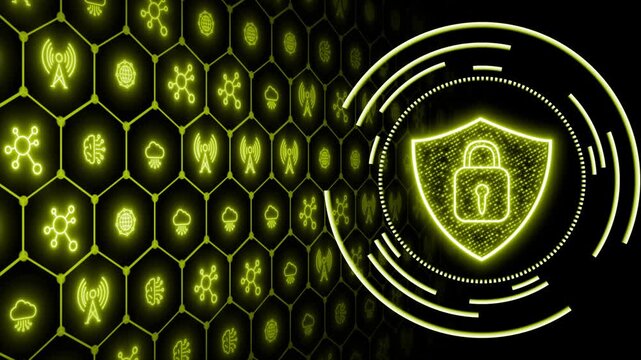 white color glowing nodes with digital shield and lock digital document and cloud storage futuristic design black technology 3D background