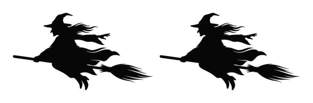 Halloween witch silhouette flying on broomstick, spooky black witch vector icons, mystical sorceress character set for holiday party invitations and decor