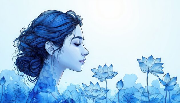 serene blue illustration of a woman's side profile with braided bun amid blooming lotus flowers and soft watercolor washes