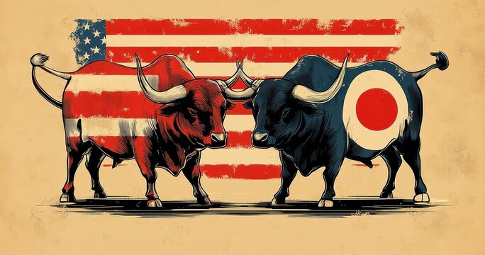 Two bulls facing off in a tense standoff in front of a distressed american flag, one painted with flag stripes and stars, the other dark with a large circular target, gritty vintage illustration