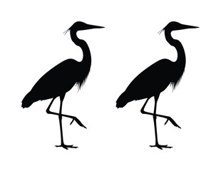 Fototapeta premium Black heron silhouette vector set, standing great blue heron bird icons, elegant crane and egret wildlife shapes for logo design and nature branding