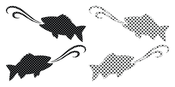 Vintage halftone fish silhouettes, retro dotted texture aquatic animal set, black and white checkered fish icons for fishing club logos