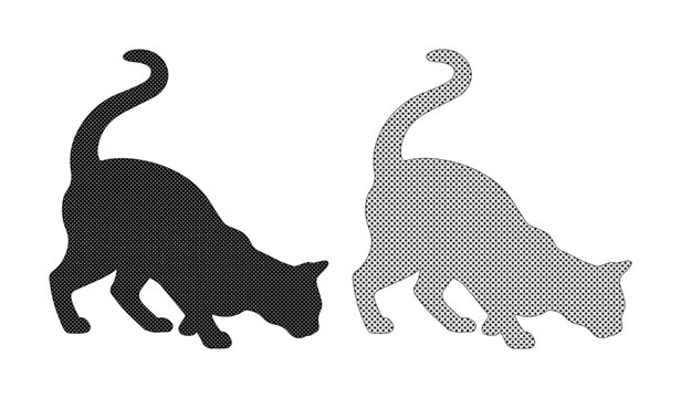 Minimalist black cat silhouette vector set, stalking feline animal shapes, side view of creeping domestic kitten icons for logo design