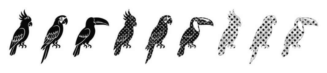 Tropical bird silhouette vector set, black and white parrot and toucan icons, exotic cockatoo bird collection for nature branding and summer design © Caleb