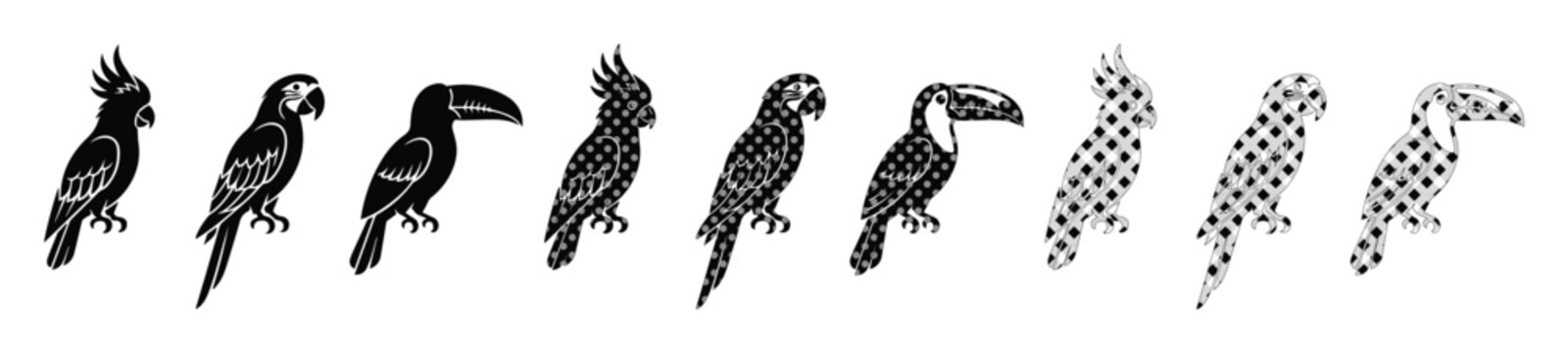Tropical bird silhouette vector set, black and white parrot and toucan icons, exotic cockatoo bird collection for nature branding and summer design