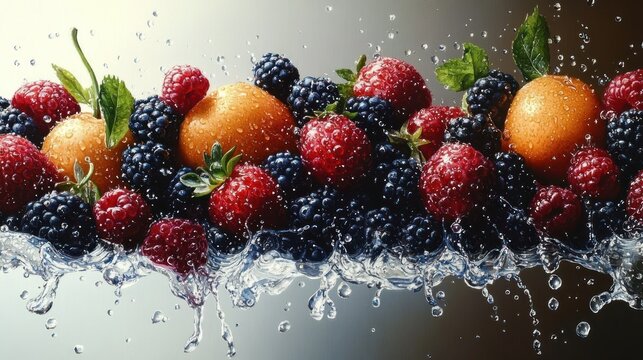 fresh raspberries and blackberries with small apricots and mint leaves drenched in sparkling water droplets, vibrant juicy fruit conveying refreshing summer vitality