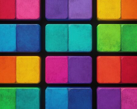 close-up of vibrant rectangular color blocks arranged in a grid, each block split into two contrasting textured hues creating a playful energetic mood