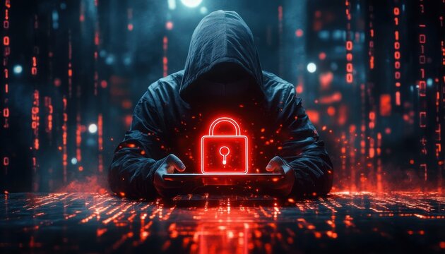 Hooded figure holding tablet projecting a glowing red padlock hologram amid falling binary code in a dark neon scene conveying an ominous cyber threat
