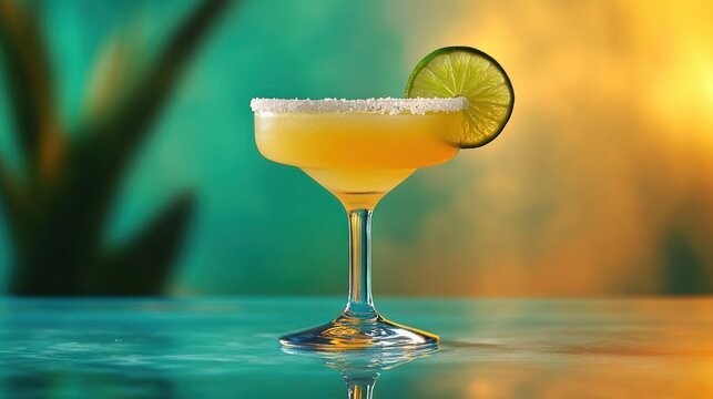salt-rimmed yellow citrus cocktail in a coupe glass with lime wheel garnish on reflective surface, sunlit tropical background, refreshing and festive mood
