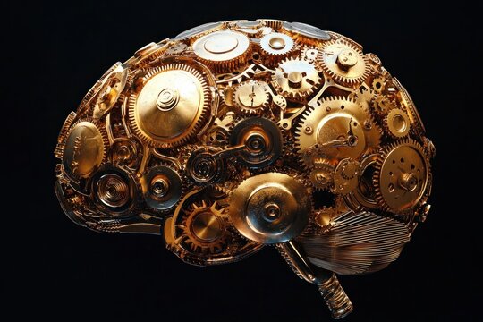 intricate golden mechanical brain sculpture made of interlocking gears, cogs and clockwork on a dark background, evoking wonder and futuristic intelligence