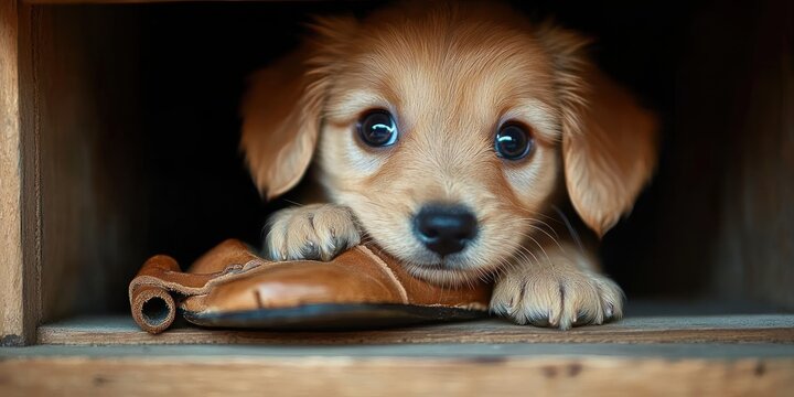two golden dog paws peeking from a dim wooden cubby beside a rolled leather slipper, cozy and curious atmosphere