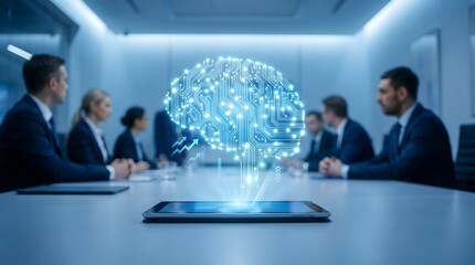 Obraz premium AI Brain Hologram in Business Meeting Room Concept