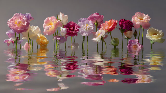 Pastel colored flowers reflected in calm water surface, delicate floral arrangement