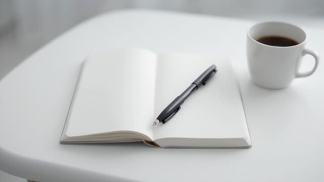 Coffee and notebook on white table.